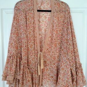 Free People Floral Boho Kimono Wrap Lace Trim Tassel Tie Size L